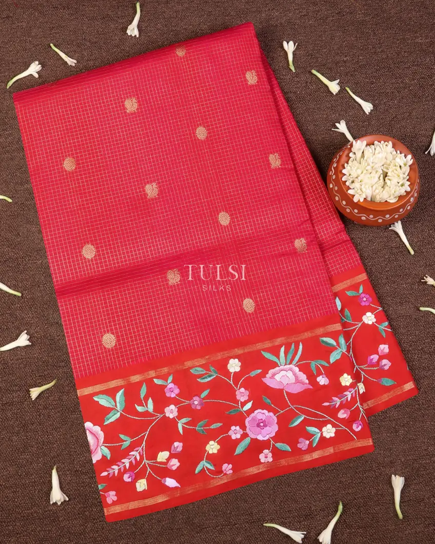 Pinkish Red Kanjivaram Silk Embroidery Saree T663808-1-image