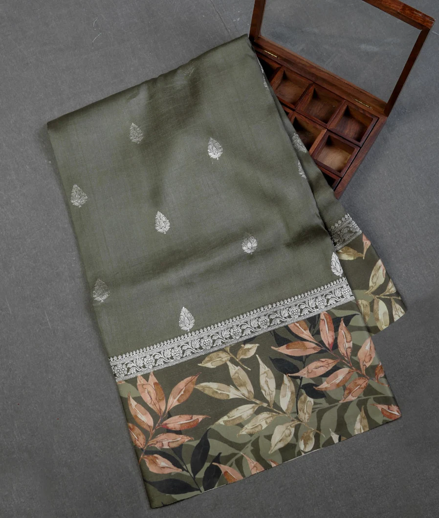 Greenish Grey Banaras Kathan Silk Saree T679246-image