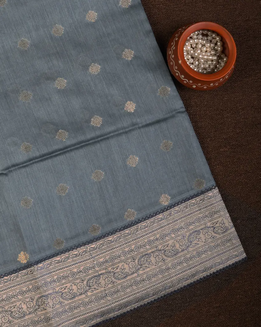 Greyish Blue Tussar Embroidery Saree T680196-image