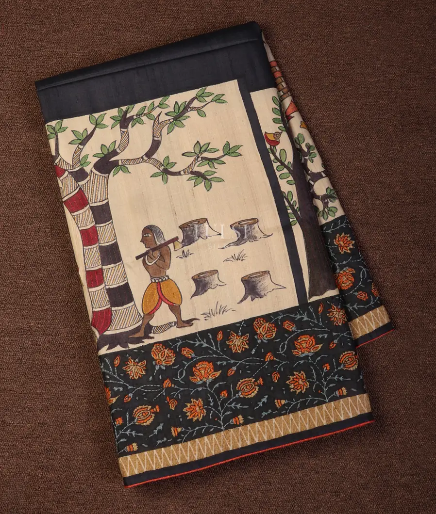 Beige and Black Tussar Kantha Work Saree T658397-image