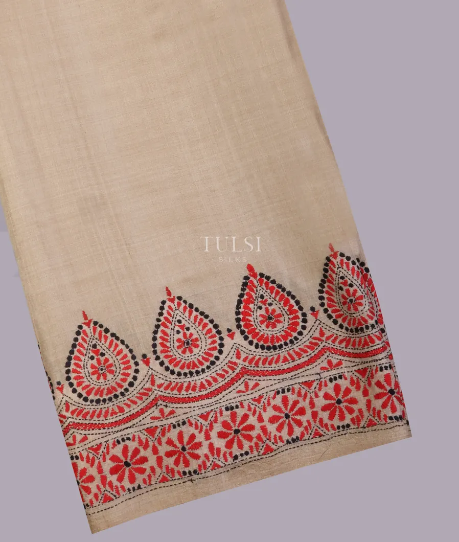 Beige Tussar Kantha Work Saree T499288-1-image