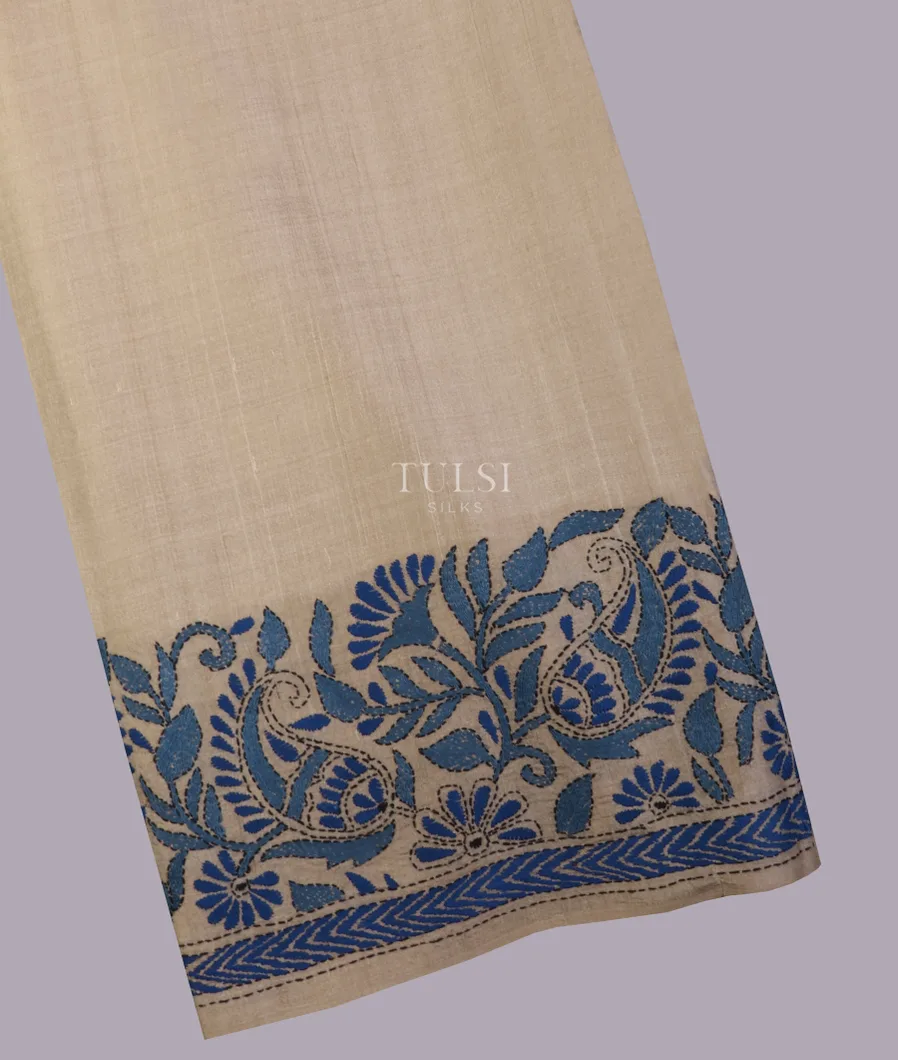 Beige Tussar Kantha Work Saree T499289-image