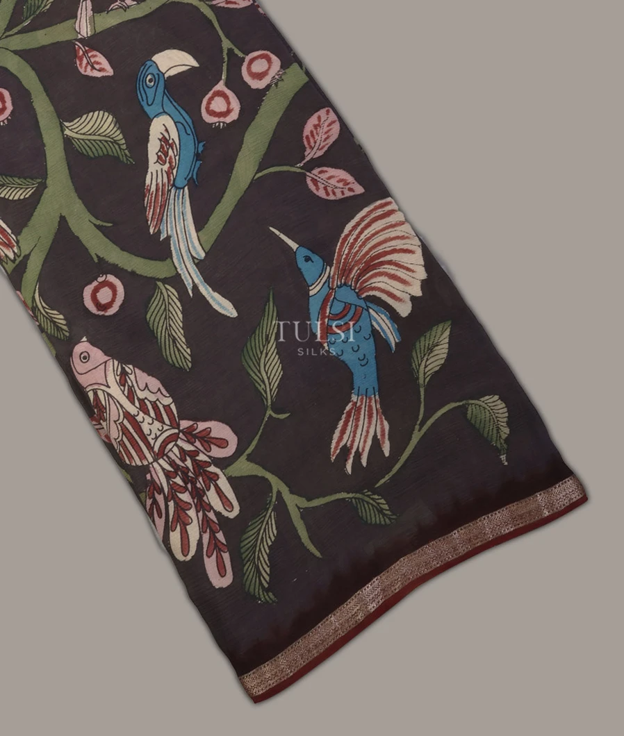Brown Mysore Crepe Kalamkari Handpainted Silk Saree T570025-image