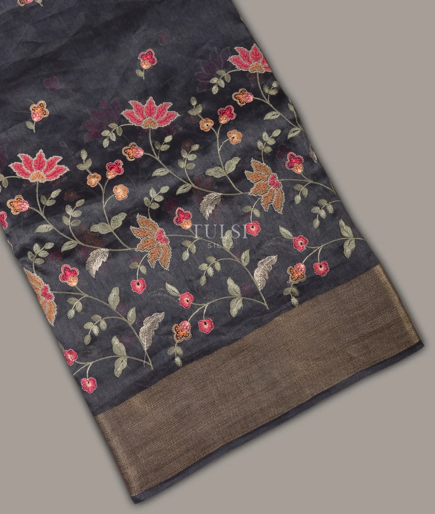 Dark Grey Linen Embroidery Saree T672432-image