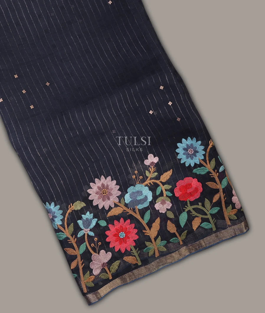 Dark Blue Kora Organza Embroidery Saree T672595-image