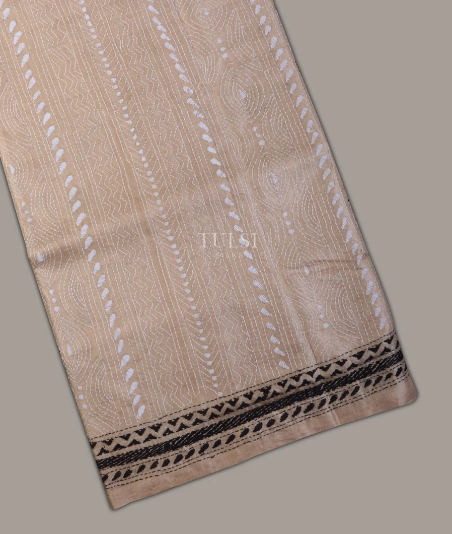 Beige Tussar Kantha Work Saree T609459-image