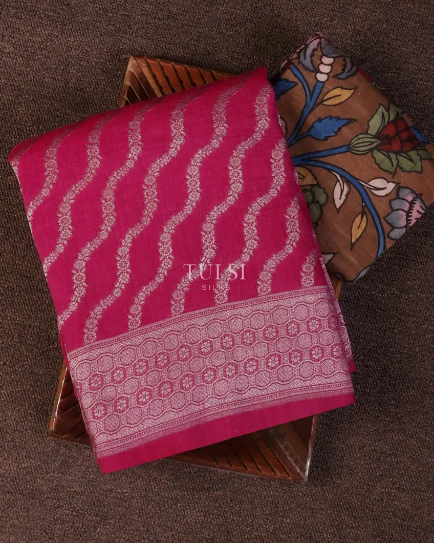 Pink Banaras Linen With Kalamkari Hand Painted Saree T652754-image