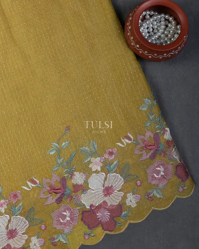Greenish Yellow Tissue Georgette Silk Embroidery Saree T683558-image