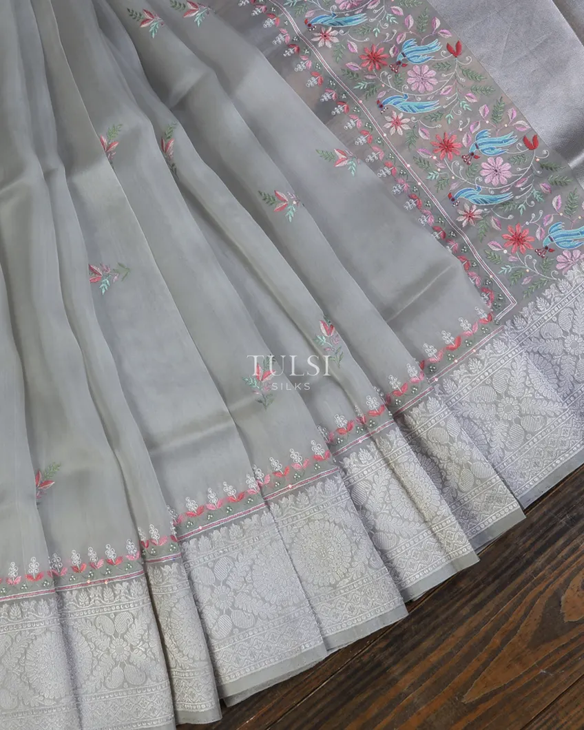 Grey Kora Organza Hand Embroidery Saree T564784-1-image