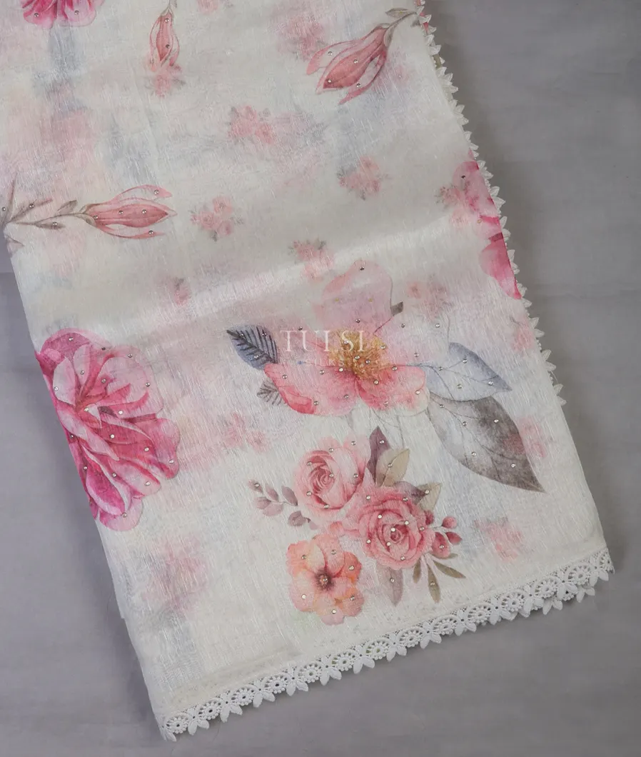 Off-White Linen Printed Saree T684552-image
