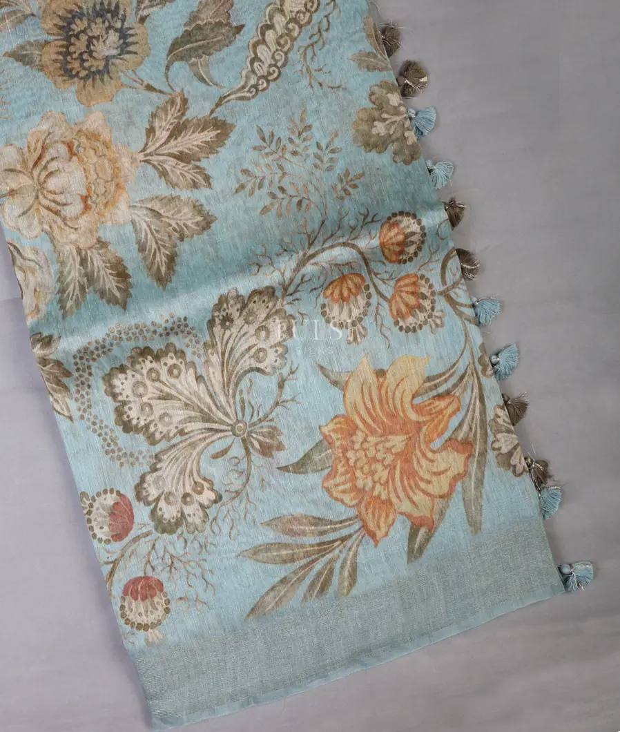 Blue Linen Printed Saree T687043-image