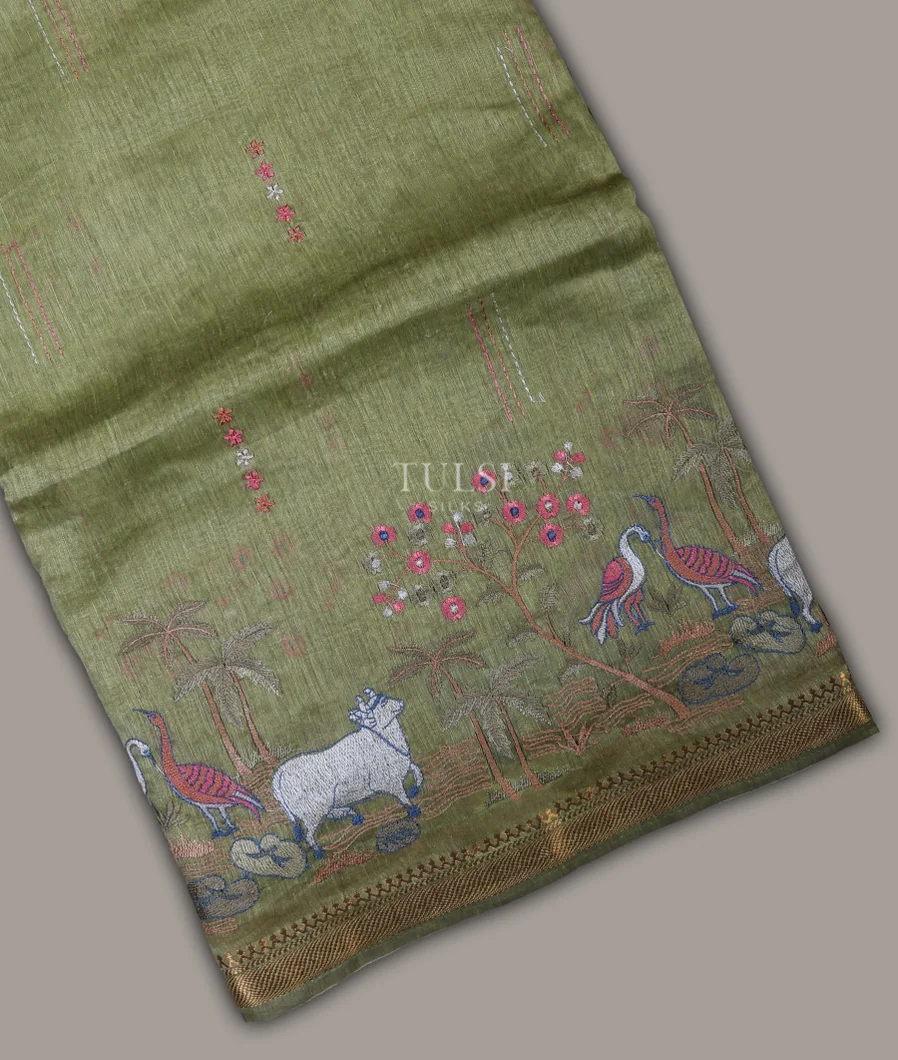 Green Linen Embroidery Saree T690049-image