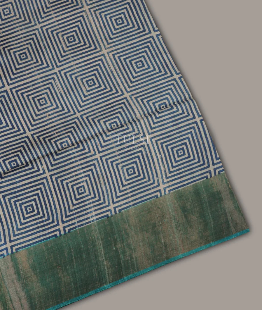 Blue and Off-White Tussar Printed Saree T689338-image