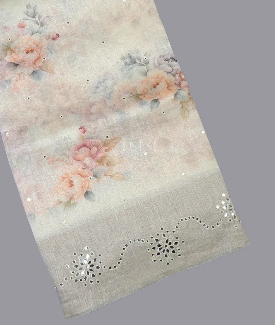 Off-White Linen Printed Saree T690046-image
