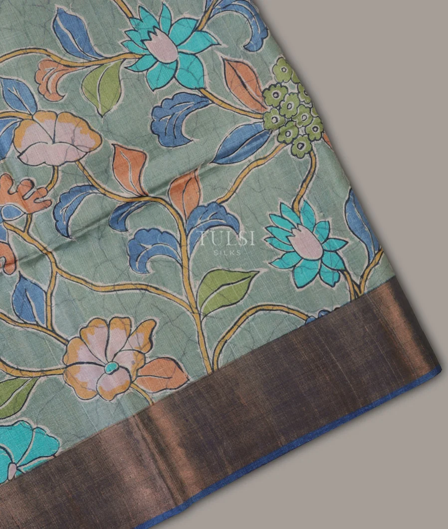 Greenish Grey Tussar Printed Saree T689363-image