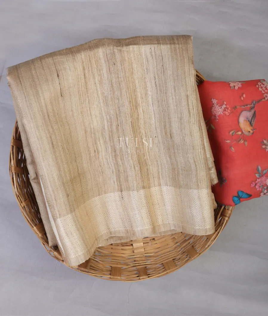 Beige Handwoven Tussar Saree T659206-image