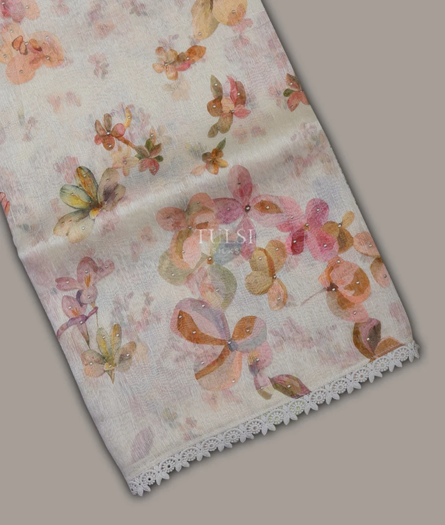 Off - White Linen Printed Saree With Lace Border T684549-image