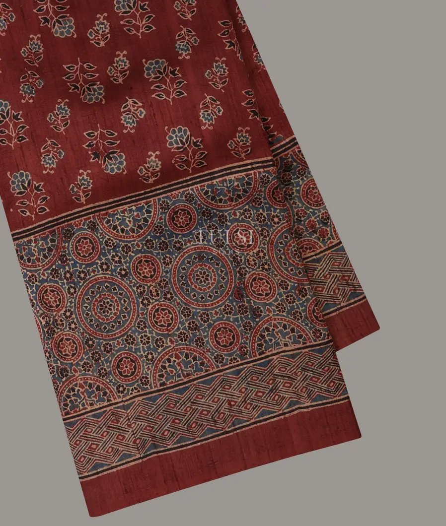 Maroon Tussar Ajrakh Printed Saree T542730-image