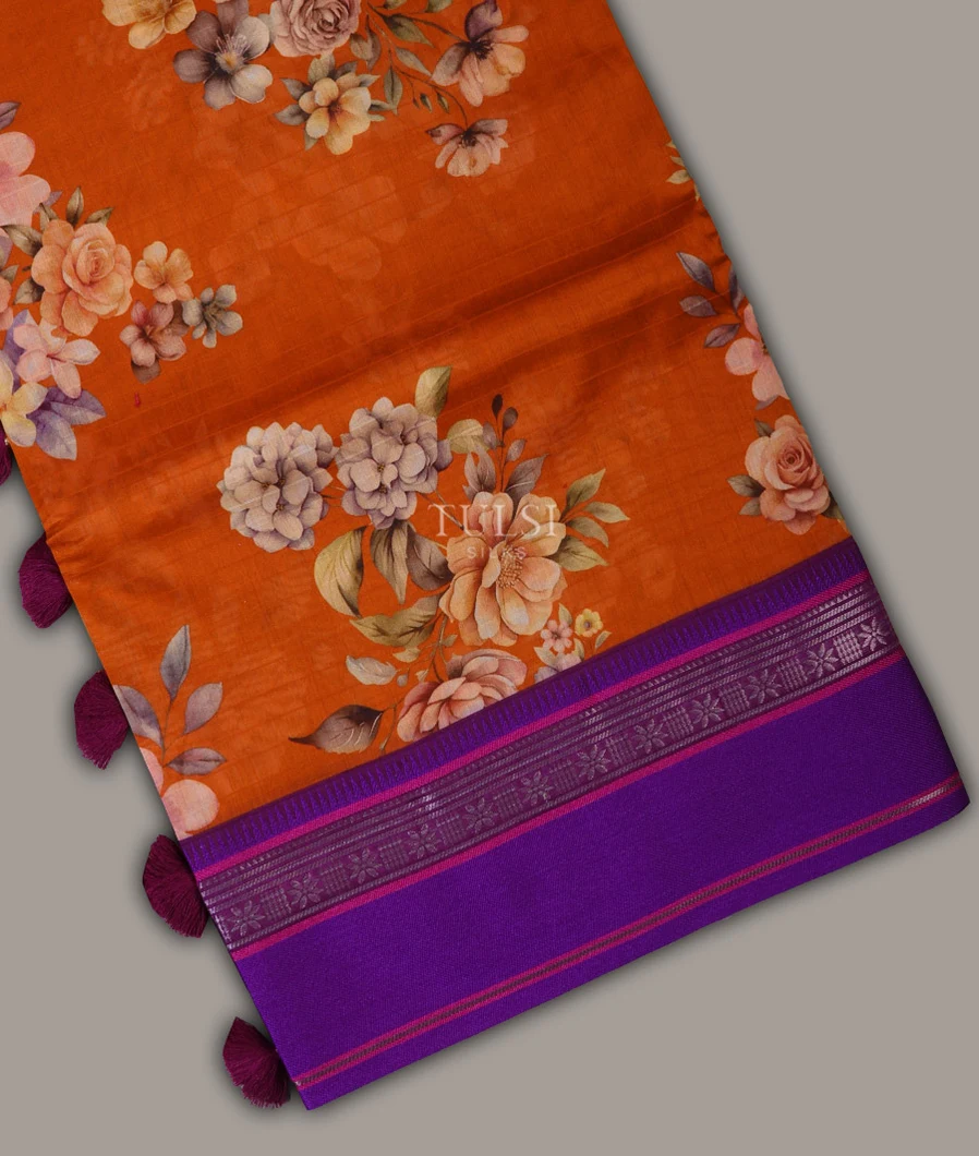 Dark Orange Printed Cotton Saree T689615-image