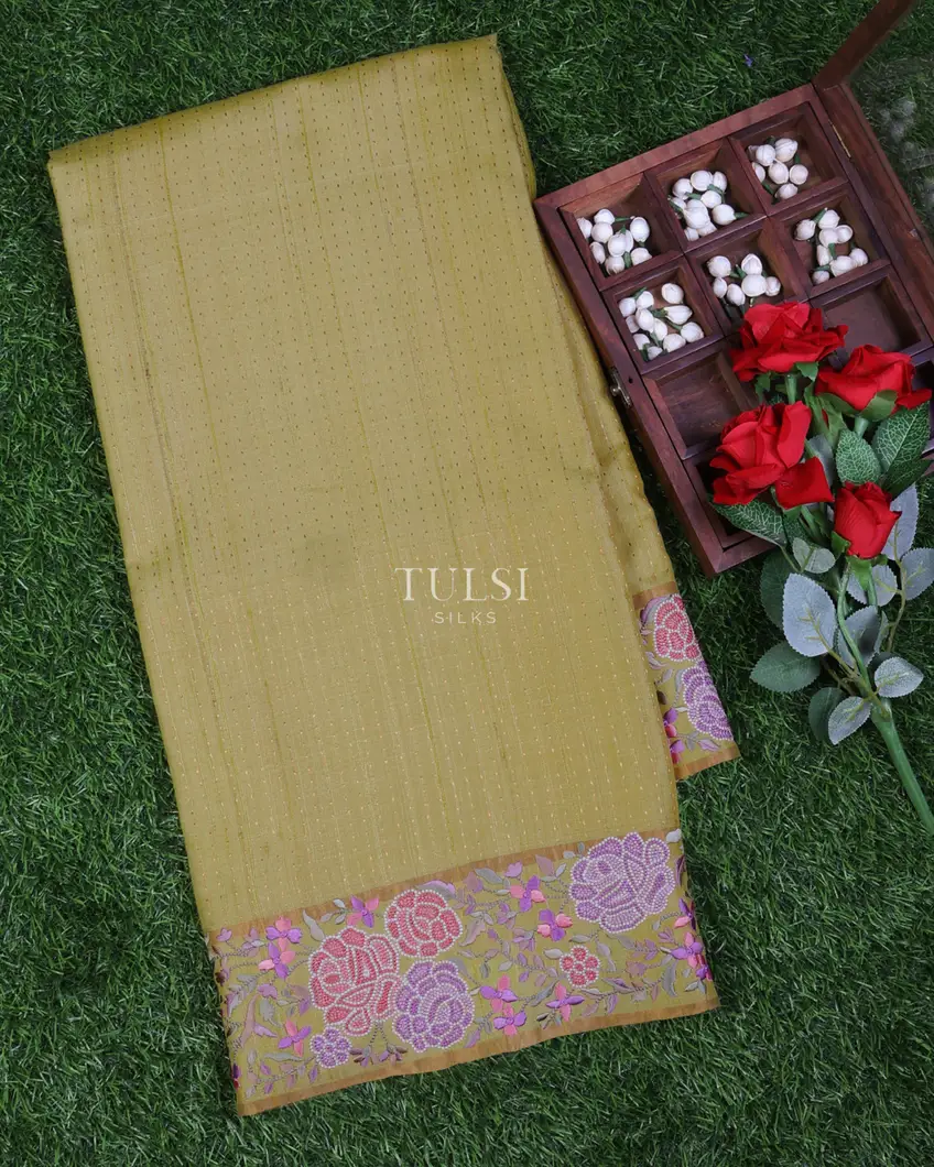 Greenish Yellow Tussar Embroidery Saree T694728-image