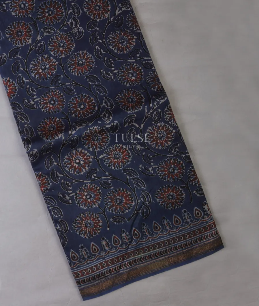 Blue Printed Cotton Saree T694000-image