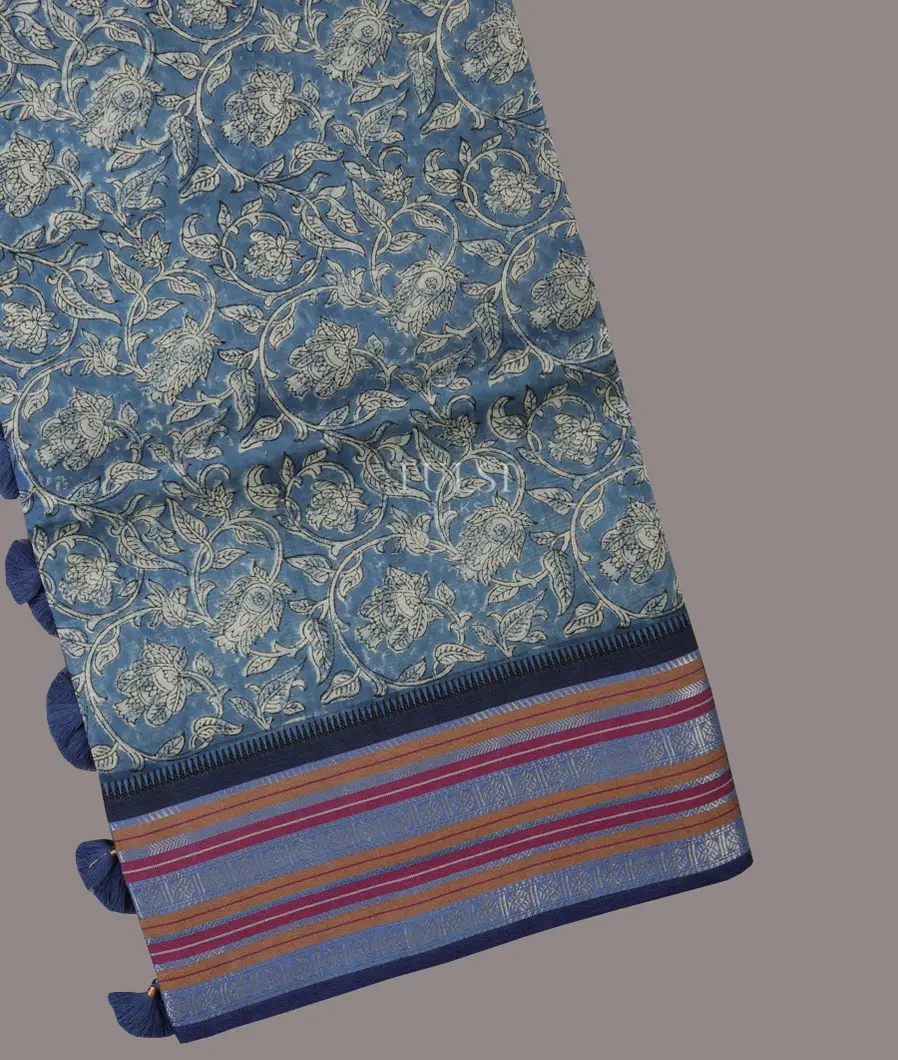 Light Blue Printed Cotton Saree T692261-image