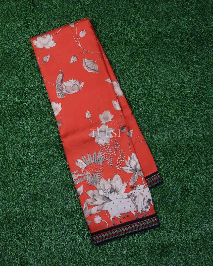 Coral Red Printed Soft Silk Saree T697027-image