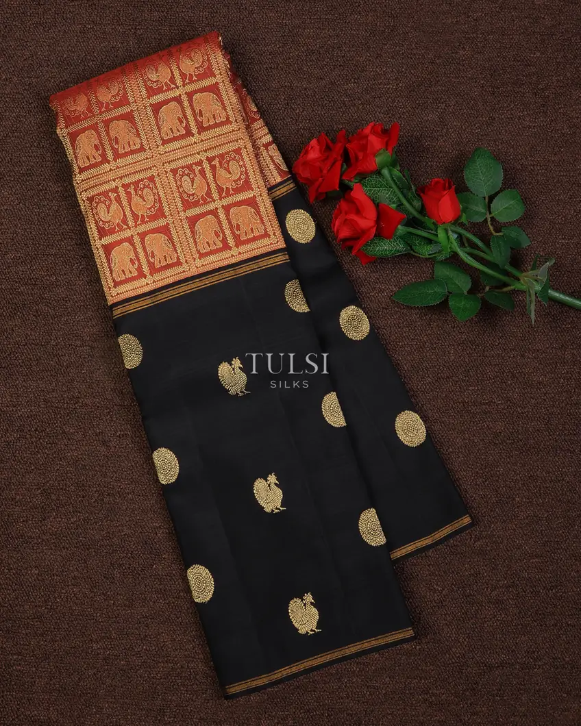 Rust and Black Kanjivaram Silk Saree T696042-image