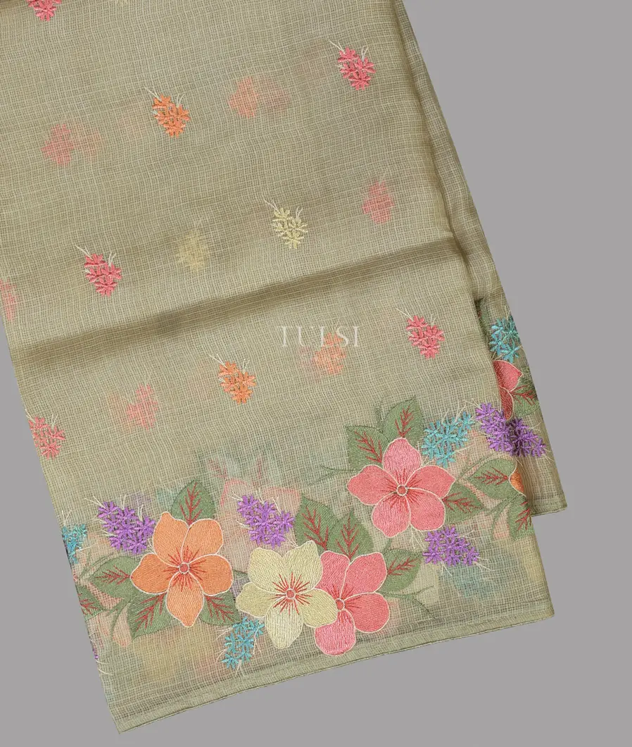 Greenish Grey Silk Kota Embroidery Saree T691975-image