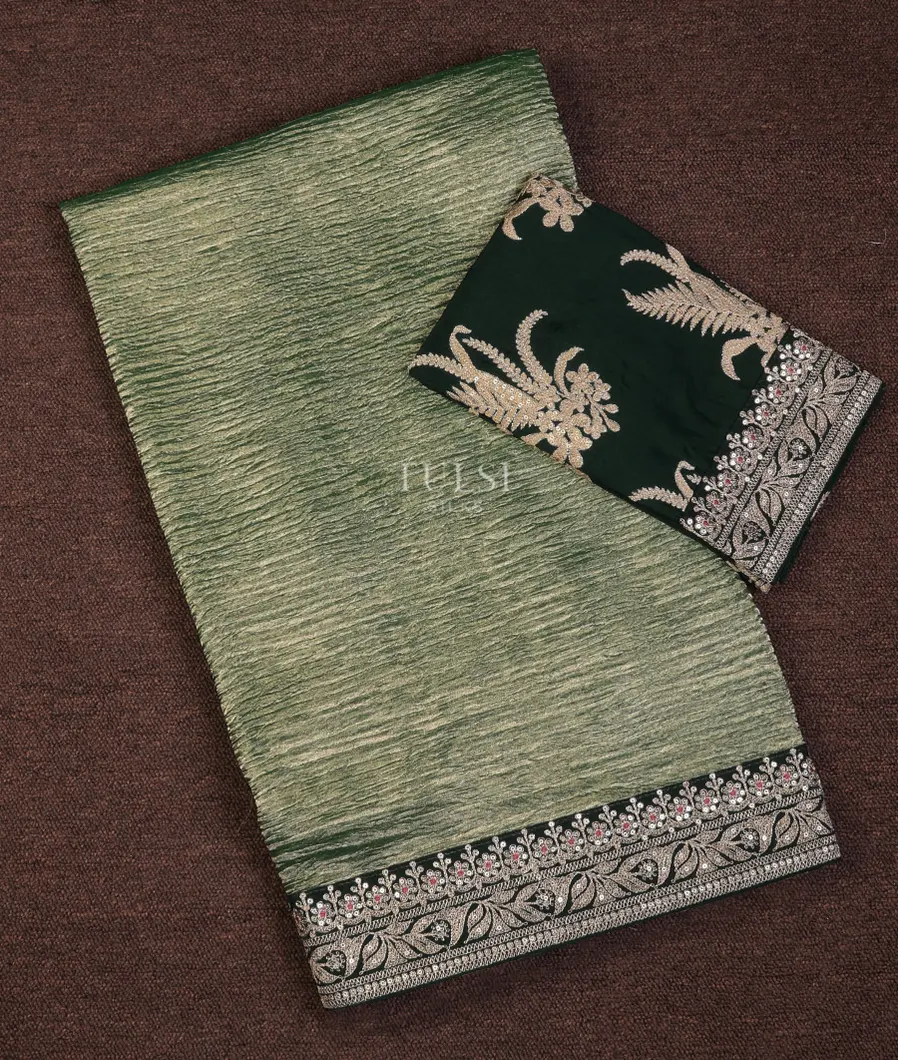 Green Kora Crushed Tissue Organza Embroidery Saree T691238-image