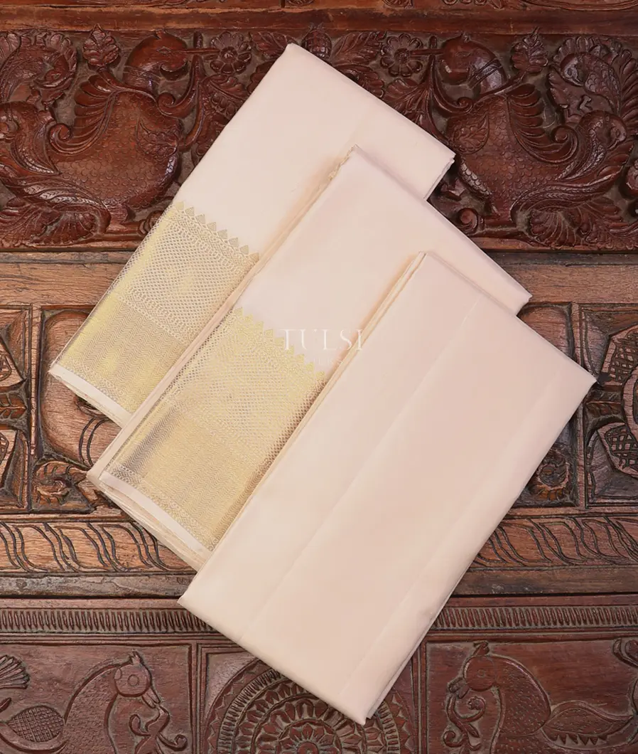 Light Pinkish Beige Beige Handwoven Kanjivaram Silk Dhoti, Vastharam and Shirt Material T691679-image