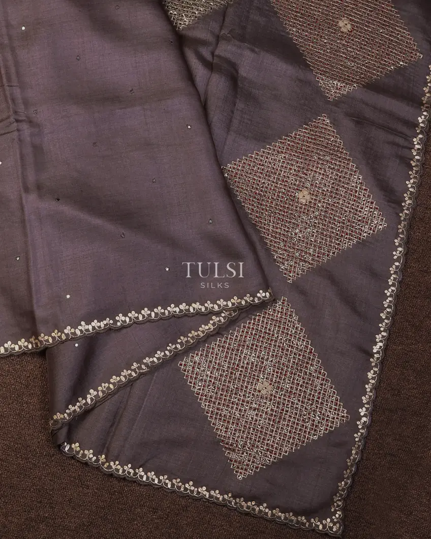 Dusty Lavender Tussar Embroidery Saree T690133-image