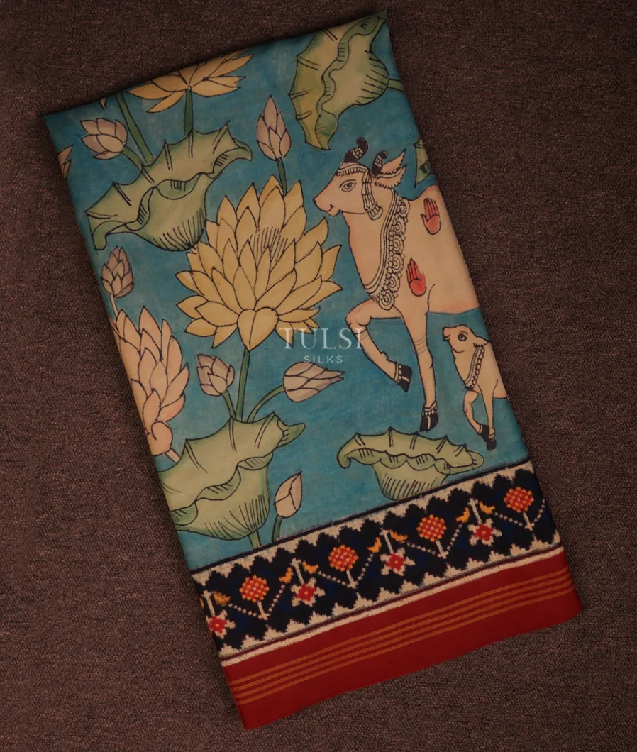 Blue Patan Patola Silk Saree with Pen Kalamkari T565943-1 (Without Blouse)-image