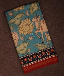 Blue Patan Patola Silk Saree with Pen Kalamkari T565943-1 (Without Blouse)-image