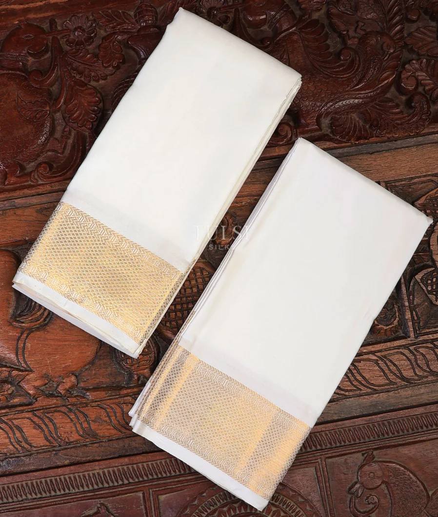 Off-White Handwoven Kanjivaram Silk Dhoti and Vastharam T701037-image