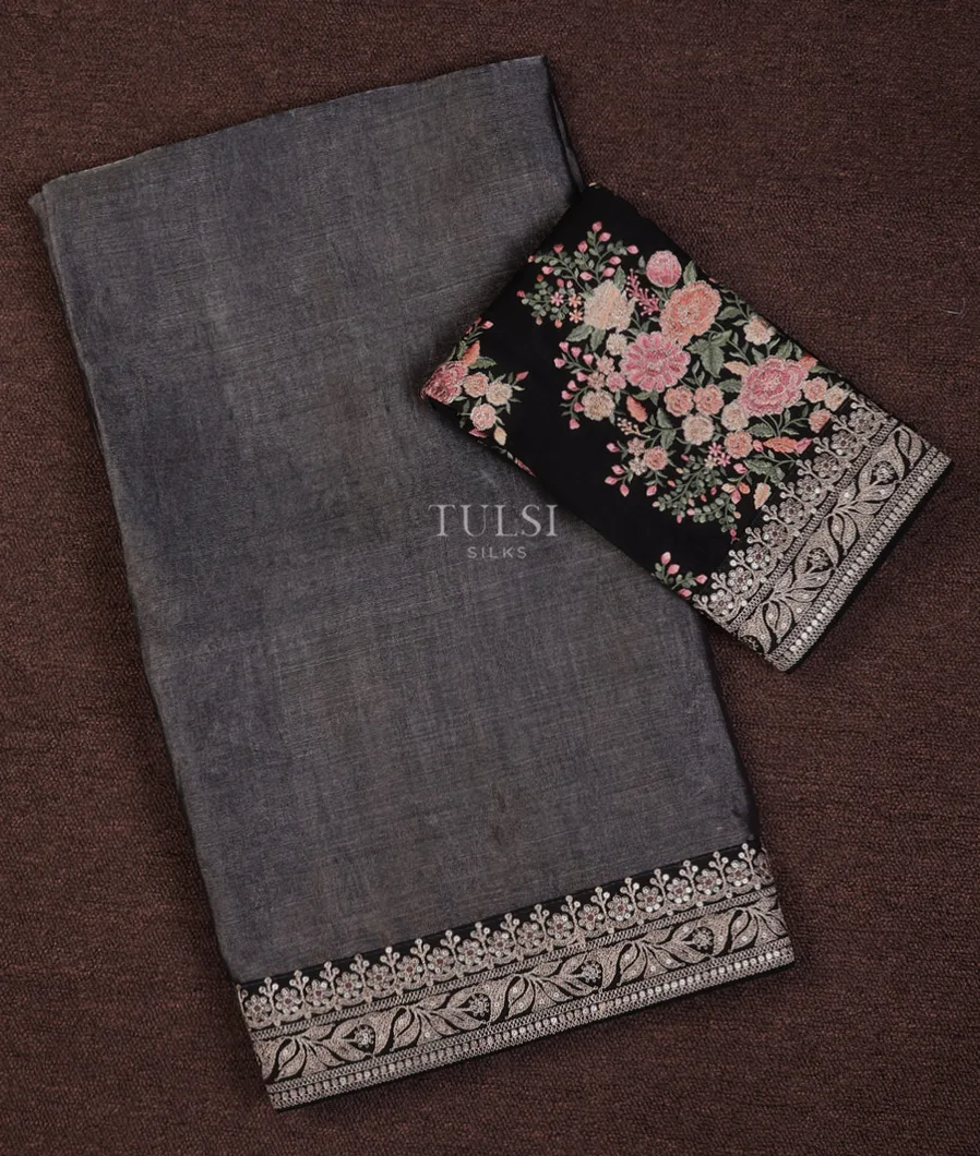 Grey Kora Tissue Organza Embroidery Saree T691270-image