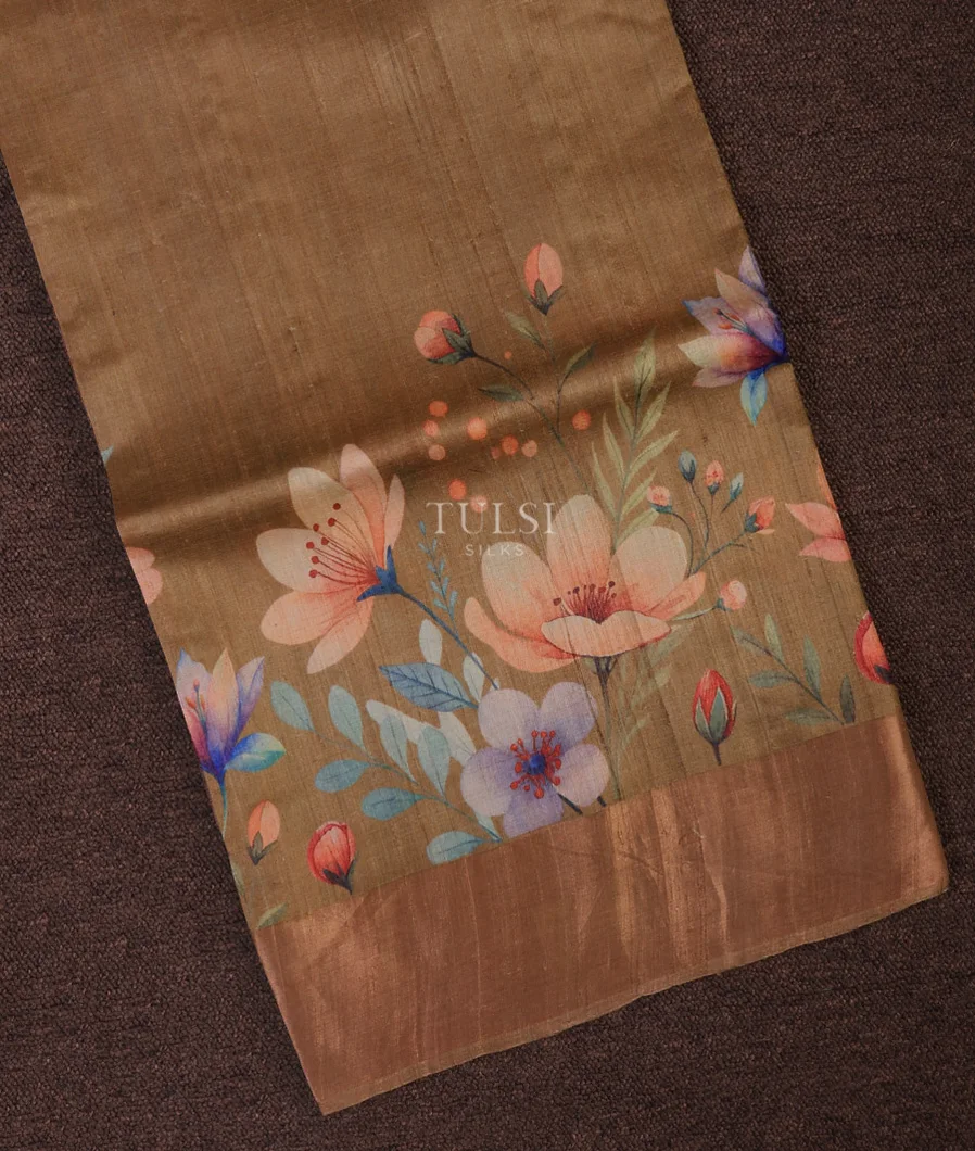Dark Beige Tussar Printed Saree T706216-image
