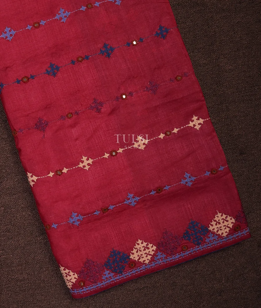 Pinkish Red Tussar Embroidery Saree T708342-image
