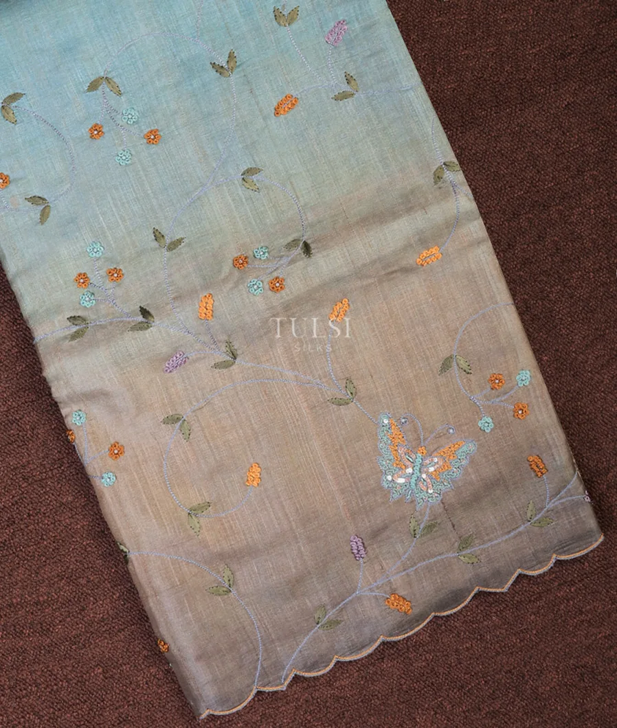 Blue and Grey Tussar Embroidery Saree  T704639-image