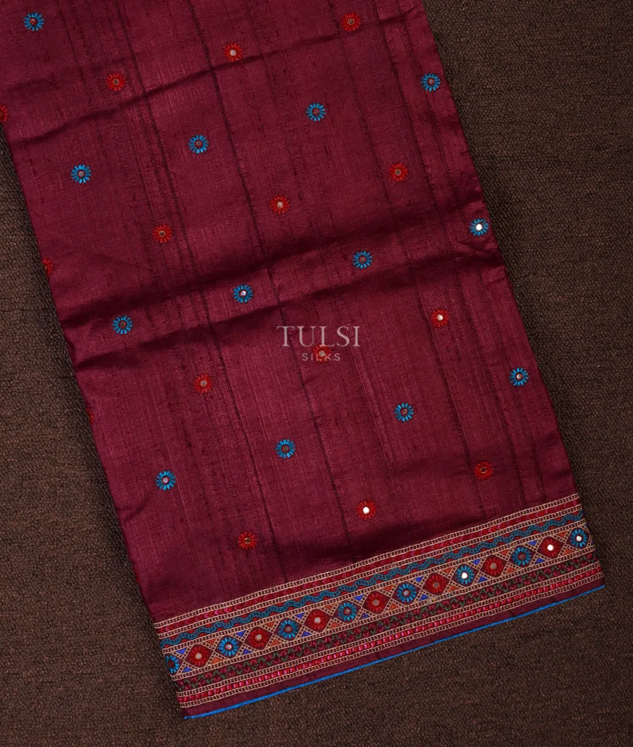 Reddish Purple Tussar Embroidery Saree T702878-image