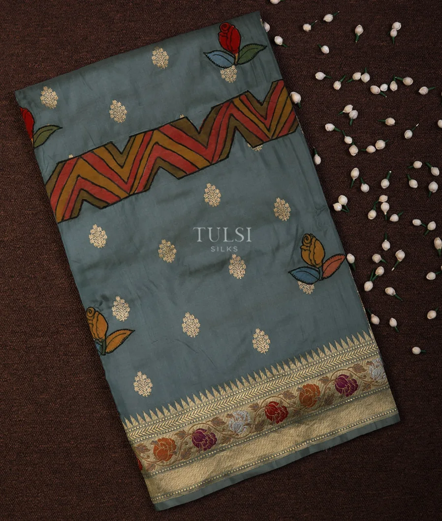 Grey Banaras Silk with Kalamkari Patch Work Saree T518271-image