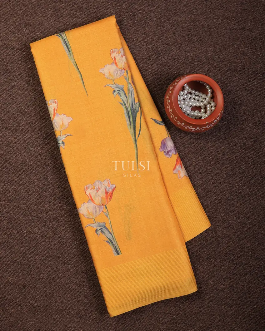 Yellow Tussar Printed Saree T712344-image