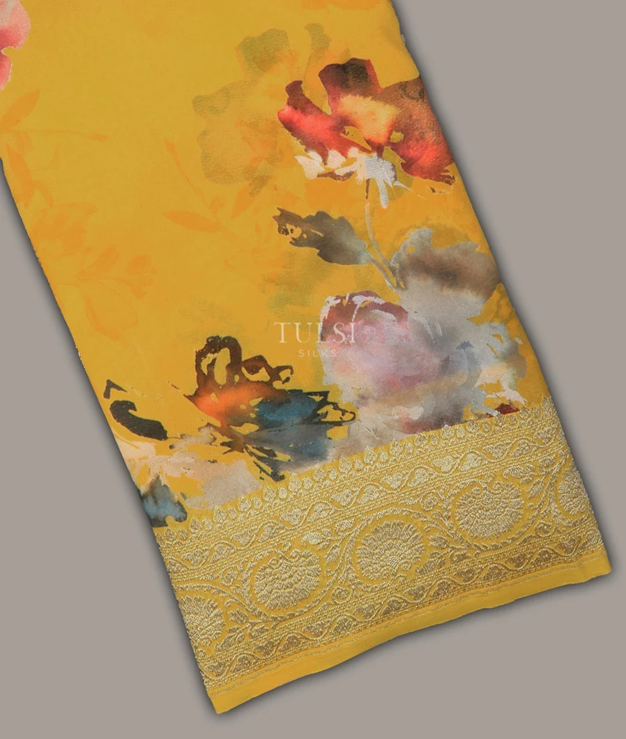 Yellow Printed Banaras Georgette Saree T713686-image