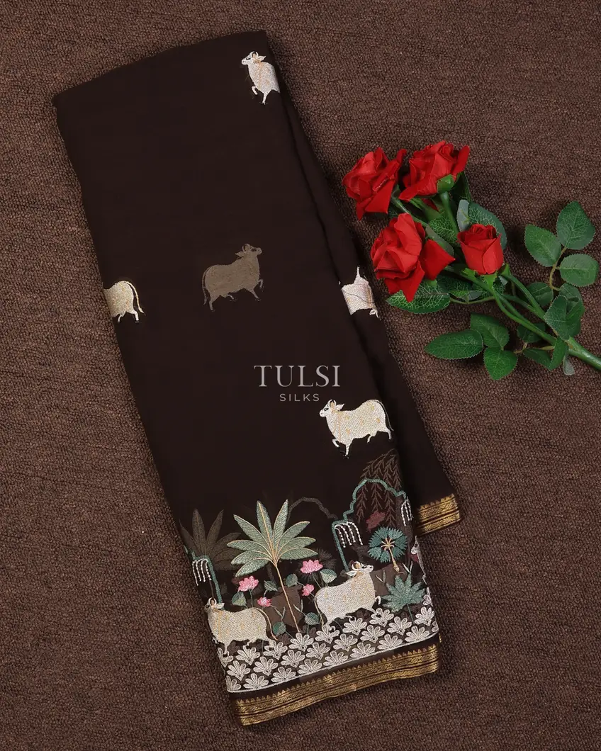 Deep Brown Chiffon Silk Embroidery Saree T715785-image