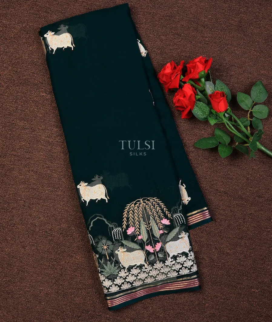 Peacock Blue Chiffon Silk Embroidery Saree T715787-image