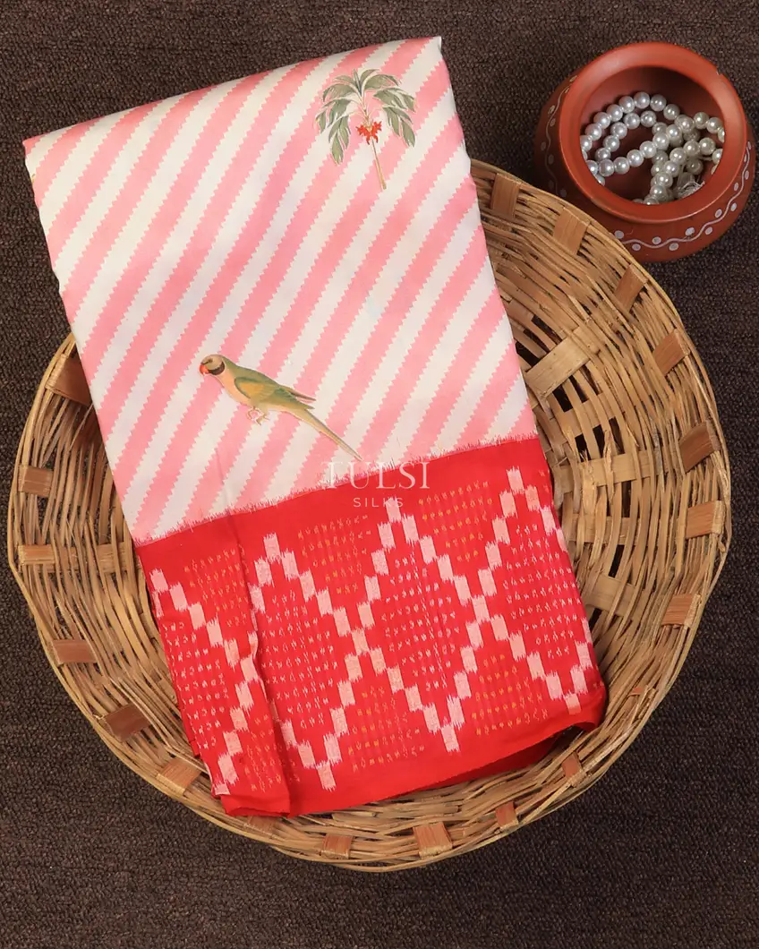 Off-White and Pink Ikat Silk Saree T716374-image