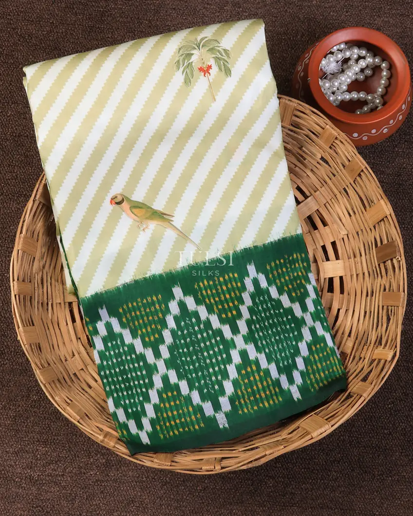 Off-White and Green Ikat Silk Saree T716372-image
