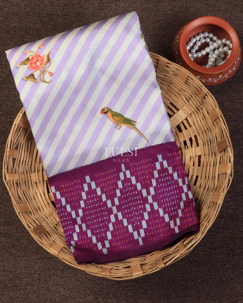 Off-White and Purple Ikat Silk Saree T716373-image