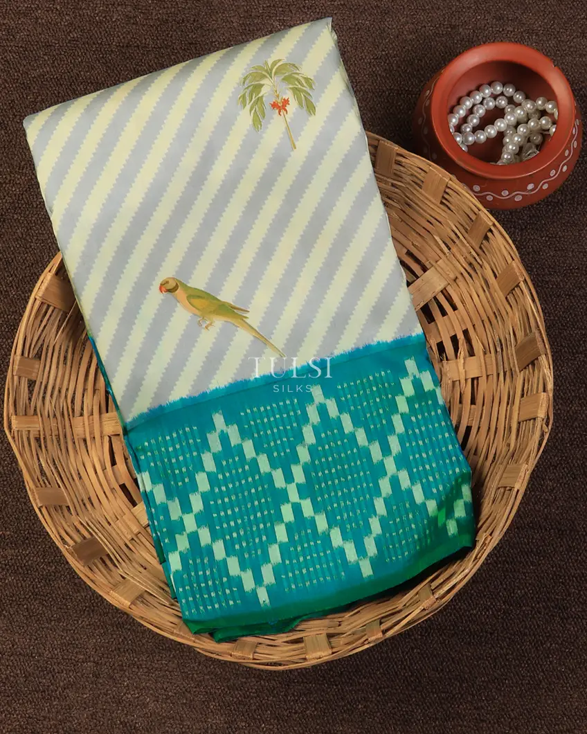 Off-White and Blue Ikat Silk Saree T716375-image