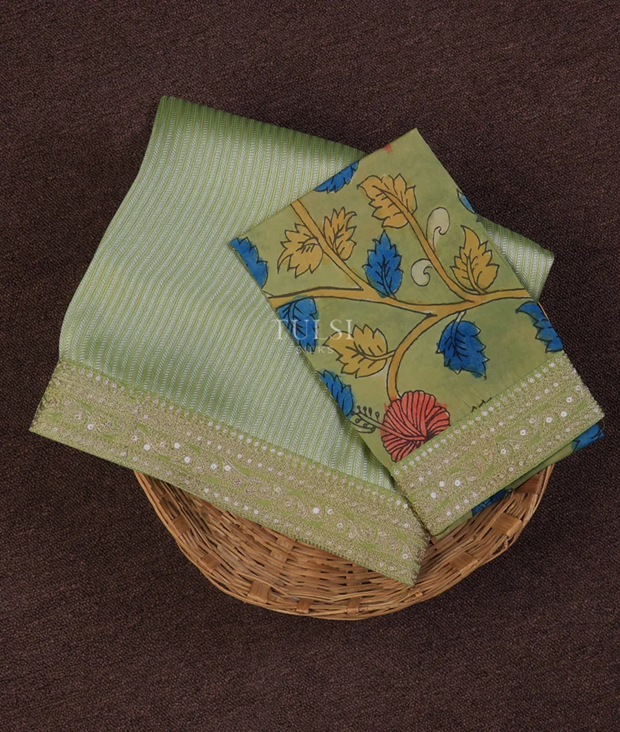 Green Art Crepe Tissue Silk Saree with Kalamkari Blouse T719215-image